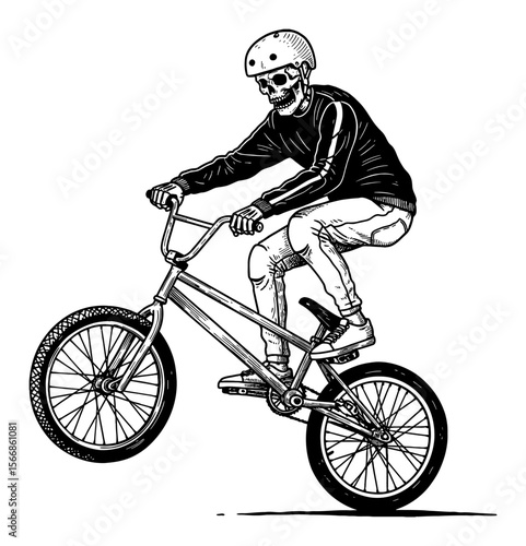 Skeleton Doing Trick with BMX Bicycle Wheelie Black and White Outline Line Art Drawing Illustration