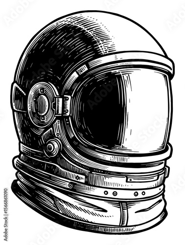 An Astronaut Helmet Object Space Explorer Equipment Isolated Black and White Outline Line Art Drawing Vector Vintage Style