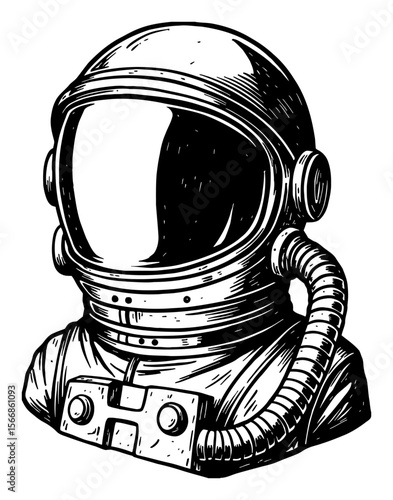 Black and White Outline Line Art Drawing of an Astronaut Head Helmet Space Suit Isolated Vintage Retro Illustration