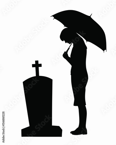 Silhouette of a person with an umbrella standing near a gravestone in mourning at a cemetery scene created with generated ai