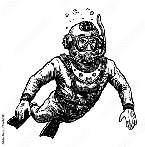 Closeup Man Freediving in Vintage Diving Suit Black and White Outline Line Art Drawing