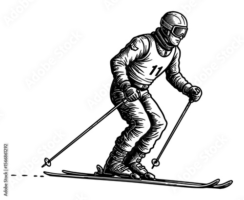 Man Skiing Downhill Racer in Action Black and White Outline Line Art Drawing Vintage Style