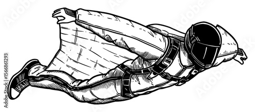 Man Wingsuit Flying Skydiving Adrenaline Sport Black and White Outline Line Art Drawing Extreme