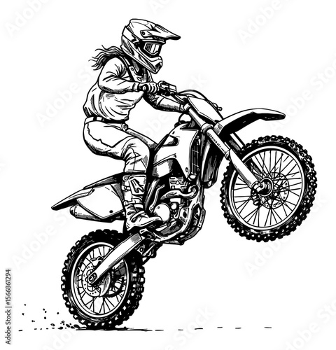 Woman Motocross Rider Performing Dynamic Wheelie Trick Black and White Outline Line Art Drawing Vintage