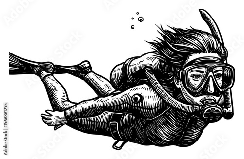 Closeup of Woman Freediving Underwater with Mask and Snorkel in Black and White Outline Line Art Drawing