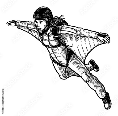 Woman in Wingsuit Flying Adrenaline Rush Extreme Sport Adventure Black and White Outline Line Art Drawing