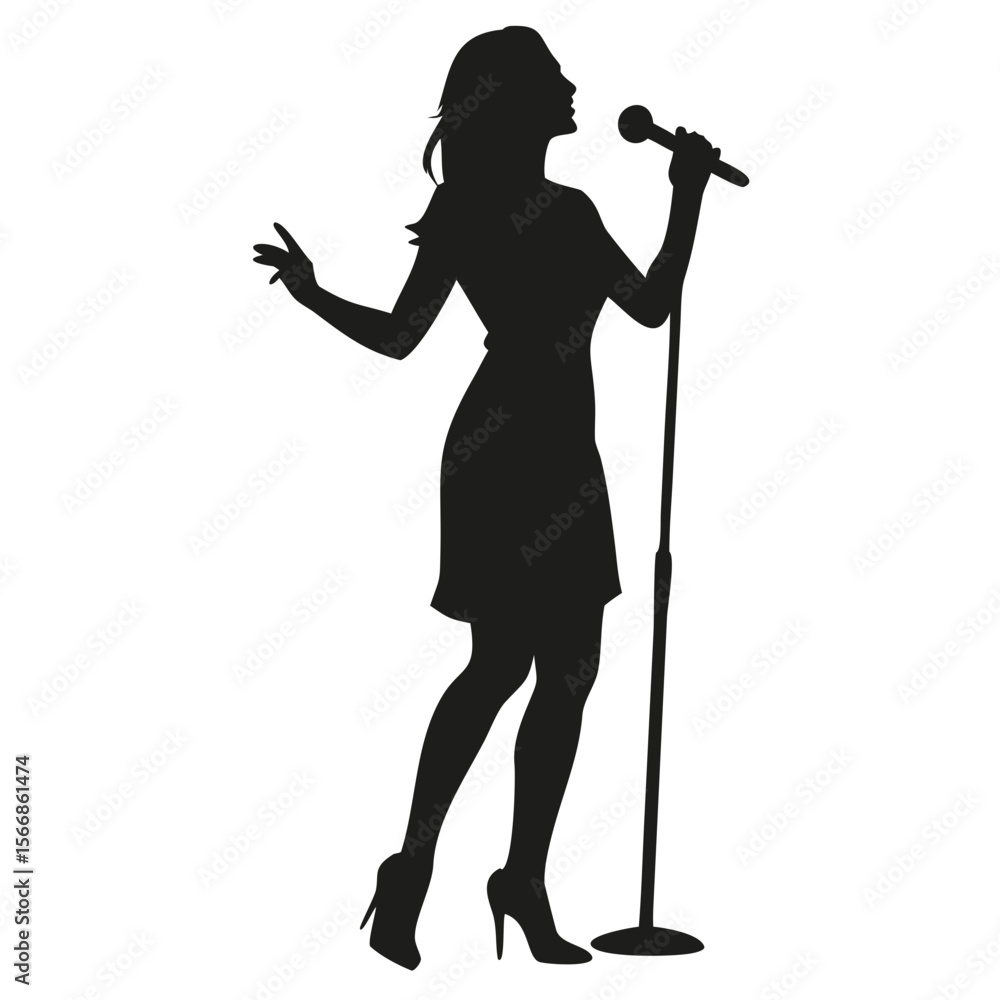 Silhouette of a woman singing into a microphone standing on stage with a microphone stand present created with generated ai Silhouette of a woman singing into a microphone standing on stage with a microphone stand present created with generated ai