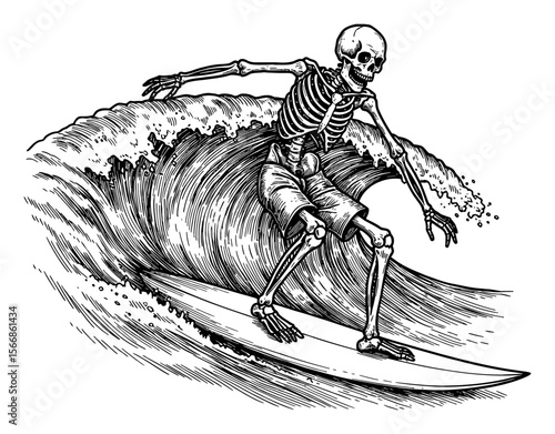 Humorous Skeleton Surfing a Large Ocean Wave on a Surfboard in Dynamic Black and White Outline Line Art Drawing
