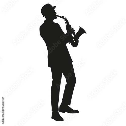 Silhouette of a man in a suit and hat playing the saxophone against a white background image here created with generated ai