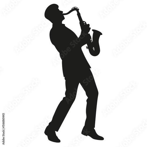 Silhouette of a man in a suit playing a saxophone with a hat and shoes on a white background image created with generated ai