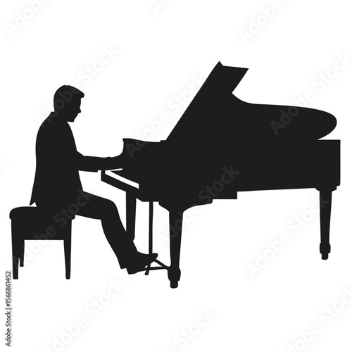 Silhouette of a pianist playing a grand piano on a stool in a dark and elegant artistic expression created with generated ai