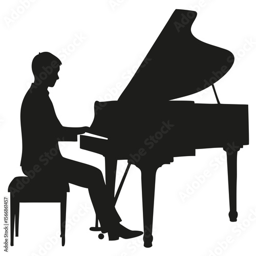 Silhouette of a man playing a grand piano while sitting on a bench in a musical performance setting created with generated ai
