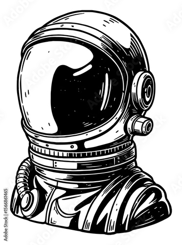 Astronaut Head Helmet Sculpture Statue Black and White Outline Line Art Drawing with Shiny Metal Look