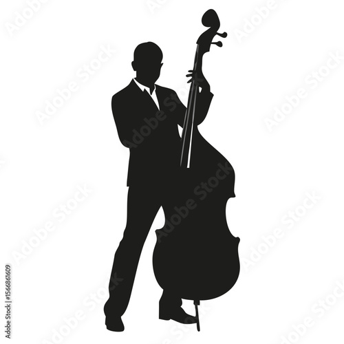 Silhouette of a man in a suit playing a large stringed instrument with a bow on a white background created with generated ai