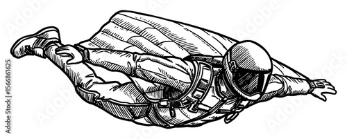 Man Wingsuit Flying Through Air Side View Black and White Outline Line Art Drawing Vintage Style