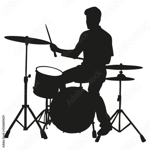 Silhouette of a drummer playing a drum set with cymbals and drumsticks in a studio setting performing created with generated ai