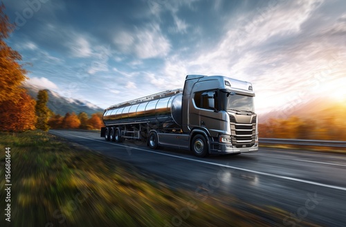 Fuel Truck on the Open Road A Journey Through Autumnal Landscapes at Sunset in the Countryside.