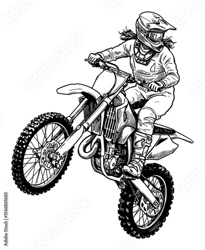 Woman Doing Amazing Trick with Motocross Bike on One Wheel Black and White Outline Line Art Drawing