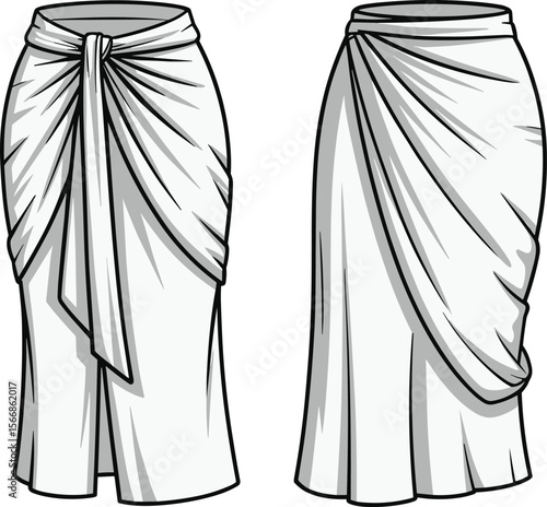 Technical sketch of a women's tie-front draped midi skirt, flat fashion drawing template for apparel designers, showcasing front and back views for garment illustration.