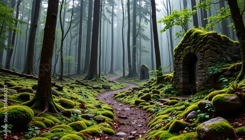 Fototapeta Naklejka Na Ścianę i Meble -  a serene forest scene with a well trodden path leading into the misty fog of an old world style village