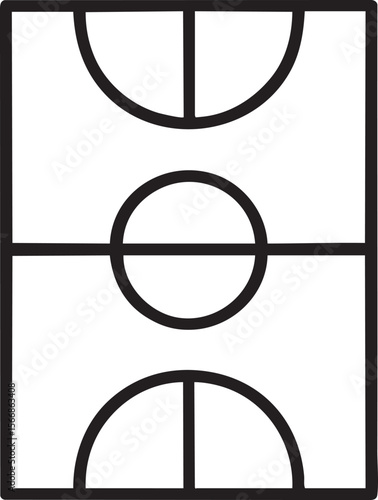 Simple Black and White Icon of a Basketball Court Layout with Key Areas and Center Circle