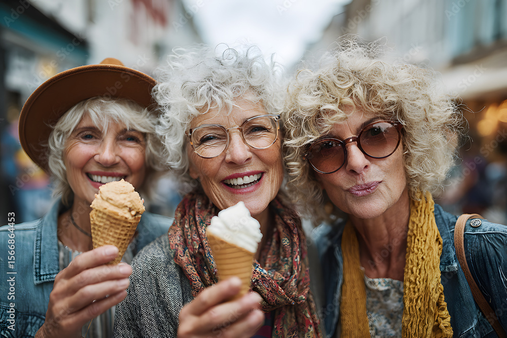 Three mature women eating ice cream cone outside - Older female friends having fun walking on city street - Joyful elderly lifestyle concept Three mature women eating ice cream cone outside - Older female friends having fun walking on city street - Joyful elderly lifestyle concept