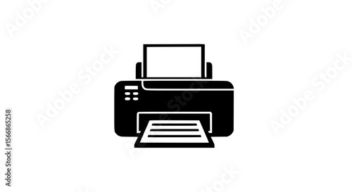 Black Silhouette Of An Office Printer Or Document Printing Machine With Paper