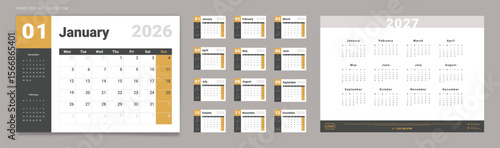 2026 Calendar Planner Set of Template Monthly Page, Annual 2027. Vector layout grid of wall or desk organizer with week start Monday . Page A4-21x29.7 cm for print