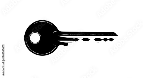 Black Silhouette of a Single Key with Grooves and a Hole on a White Background