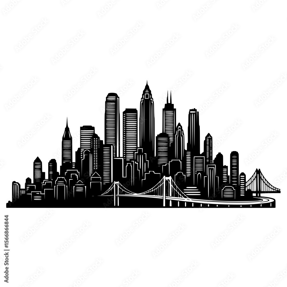 Fototapeta premium Captivating Cityscape Silhouette of Modern Architecture and Bridges at Dusk