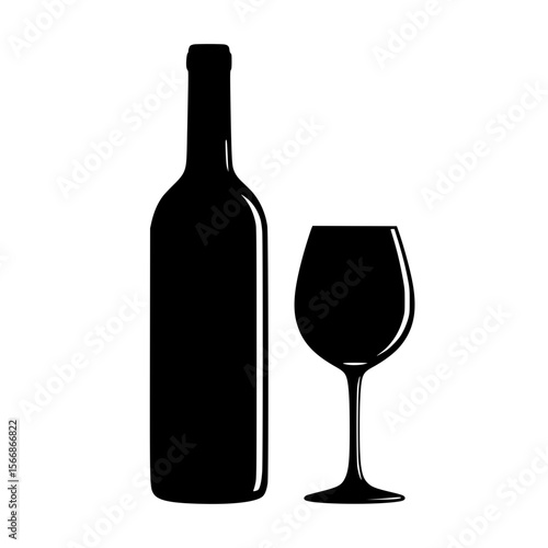 A Silhouette of a Wine Bottle and a Wine Glass Standing Together Ready to Serve