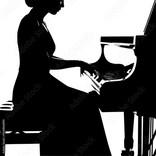 Elegant Woman in a Black Dress Playing the Grand Piano with Grace