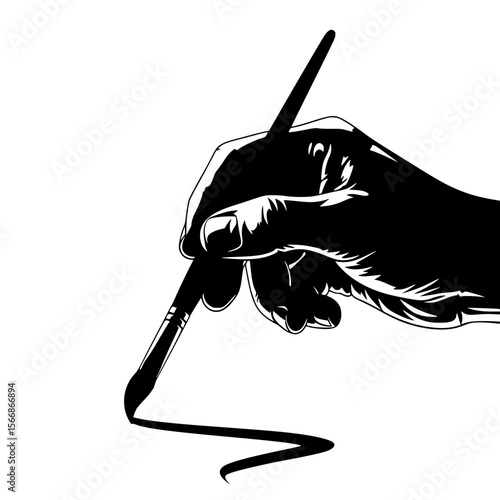 Artist's Hand Holding a Brush Creating a Curved Line in a Black and White Style