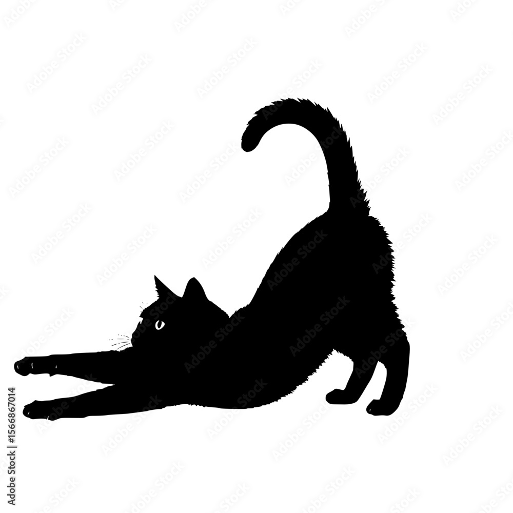 Obraz premium Silhouette of a black cat stretching its body gracefully with a curved tail raised high