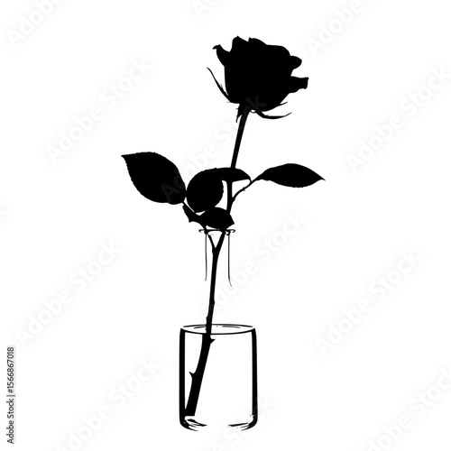 A Single Elegant Black Rose Silhouette in a Clear Glass Bottle with Water