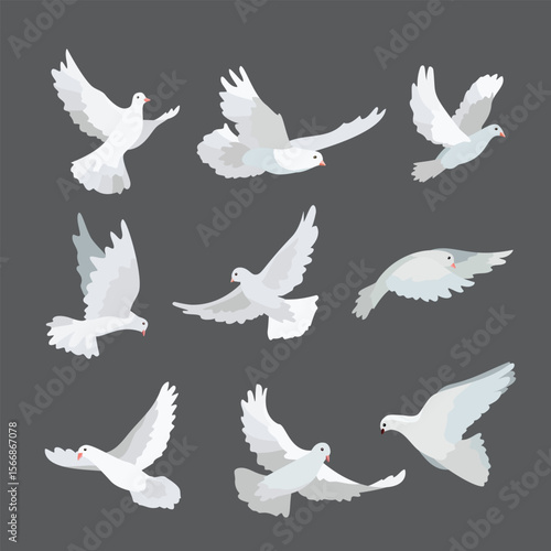 set of flying dove silhouettes or Pigeons set love and peace symbols on a background