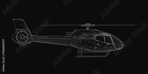 A 3D wireframe helicopter model features detailed rotor blades, cockpit, and landing gear against a black background. The white lines create a striking contrast with the dark backdrop.