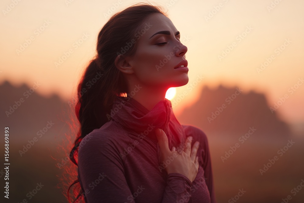 Serene Sunrise Woman Finding Peace and Tranquility at Dawn Serene Sunrise Woman Finding Peace and Tranquility at Dawn