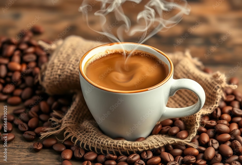 Obraz premium Aromatic coffee cup, heart-shaped steam, burlap, beans, wood, delicious, dark