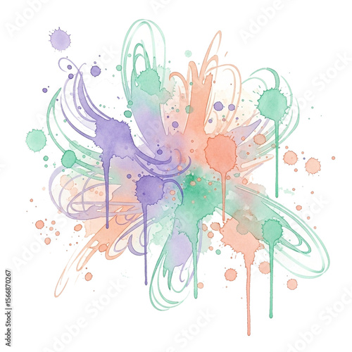 Watercolor splashes, paint drops, brush strokes and decorative strokes, soft pastel tones like lavender, peach, and mint green, artistic texture, isolated on white background, for artistic and elegant
