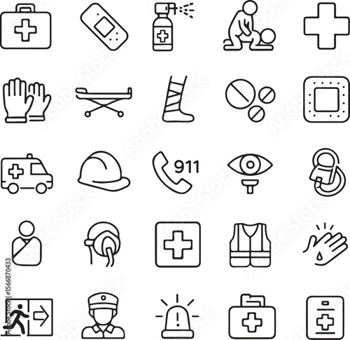 Collection of medical and emergency service icons including a first aid kit bandage spray cpr ambulance and safety equipment
