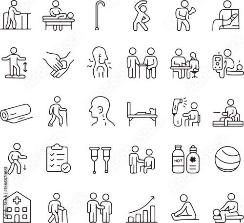 Collection of line art icons representing physical therapy rehabilitation and healthcare services for patient recovery and wellness