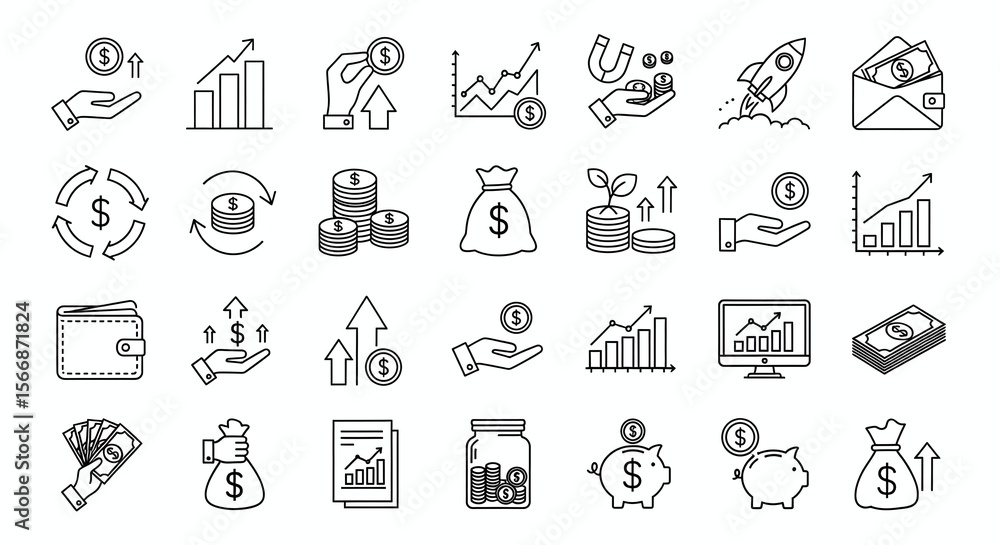 A collection of outline icons depicting financial growth and investment strategies on a white background A collection of outline icons depicting financial growth and investment strategies on a white background