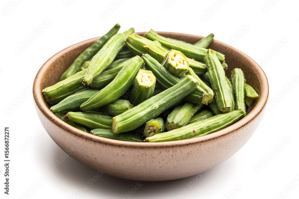 A bowl of fresh green okra pods isolated on white background ready to cook A bowl of fresh green okra pods isolated on white background ready to cook