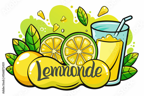 Fresh lemonade with lemons and leaves citrus fruit