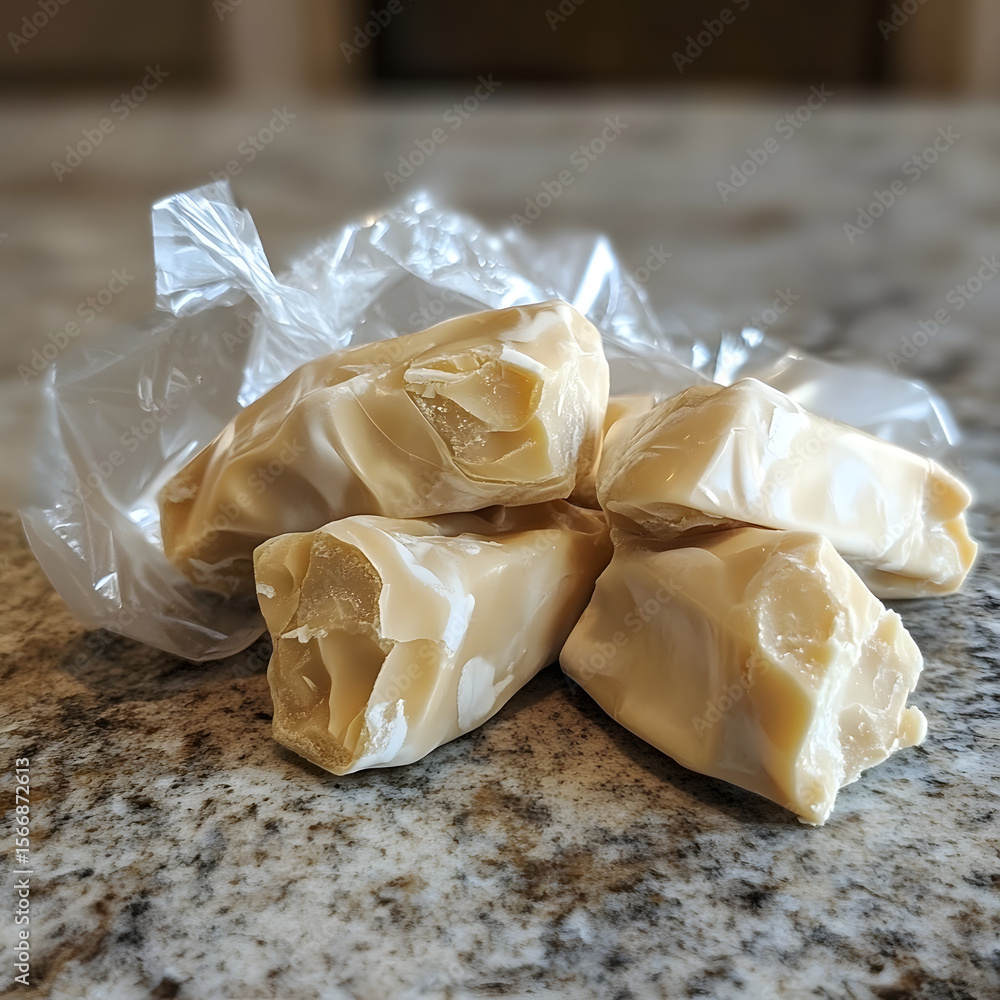 Bags of homemade, individually wrapped taffy candies or dumplings on a kitchen countertop. Bags of homemade, individually wrapped taffy candies or dumplings on a kitchen countertop.