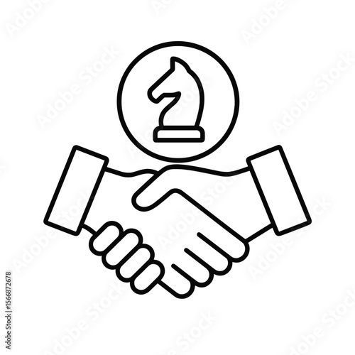 Line icon of strategic partnership with handshake and chess knight symbol