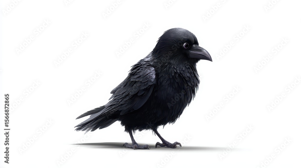 Obraz premium A detailed close-up of a black crow standing on a white background, showcasing its shiny feathers and sharp beak.