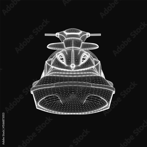A sleek black and white jet ski drawing features crisp white outlines against a dark background, highlighting its dynamic shape and motion. The minimalist front-view design emphasizes clean curves.
