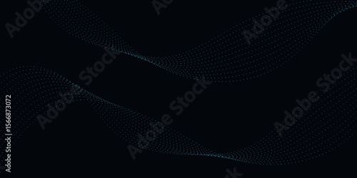 Abstract dot wave line with moving particles on dark background . Medium banner size. Element for design. Dynamic particle waves in a halftone gradient create a flowing dot curve on a black Background